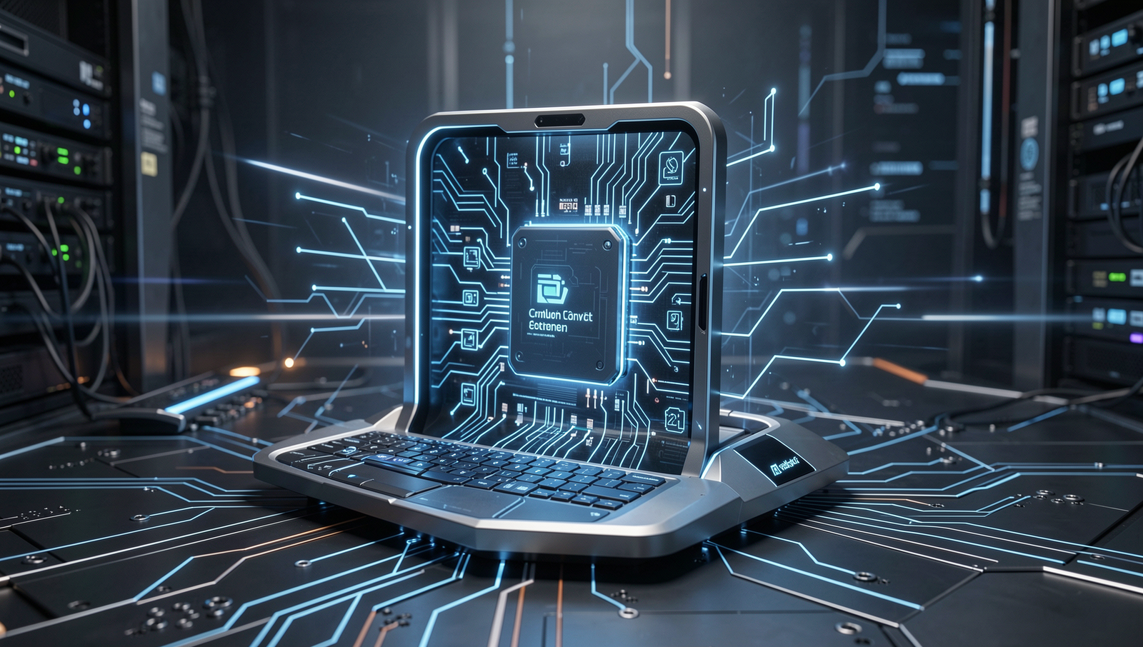 Futuristic computing concept without traditional operating systems, showcasing advanced technology.
