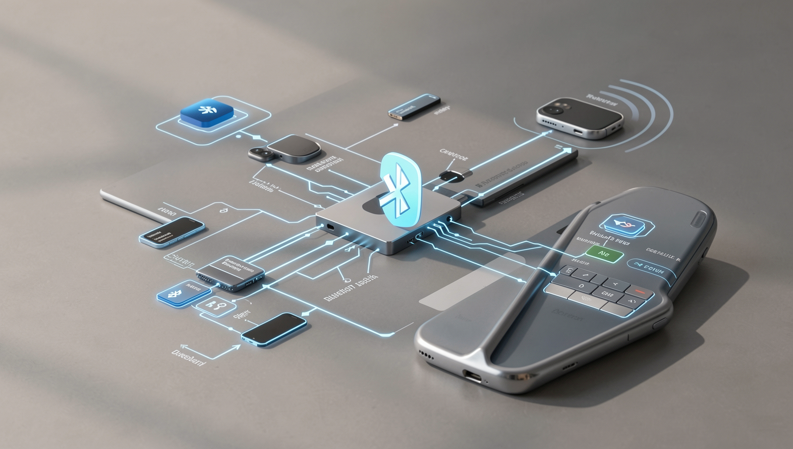 Detailed illustration of Bluetooth technology and devices in a realistic setting.