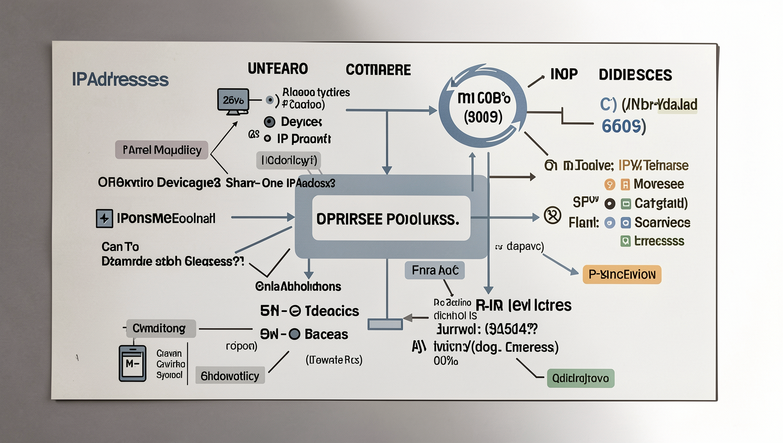 Detailed illustration of IP address types and their functions in a technical diagram style.