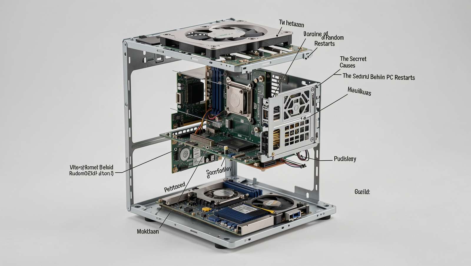 Exploded view of a computer showcasing labeled components and technical details.