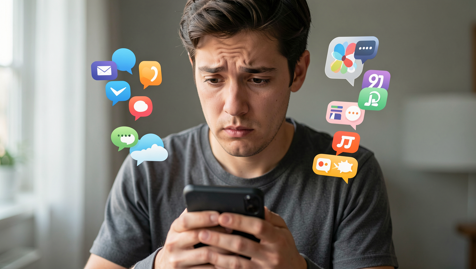 Person with puzzled expression looking at phone surrounded by notification icons.