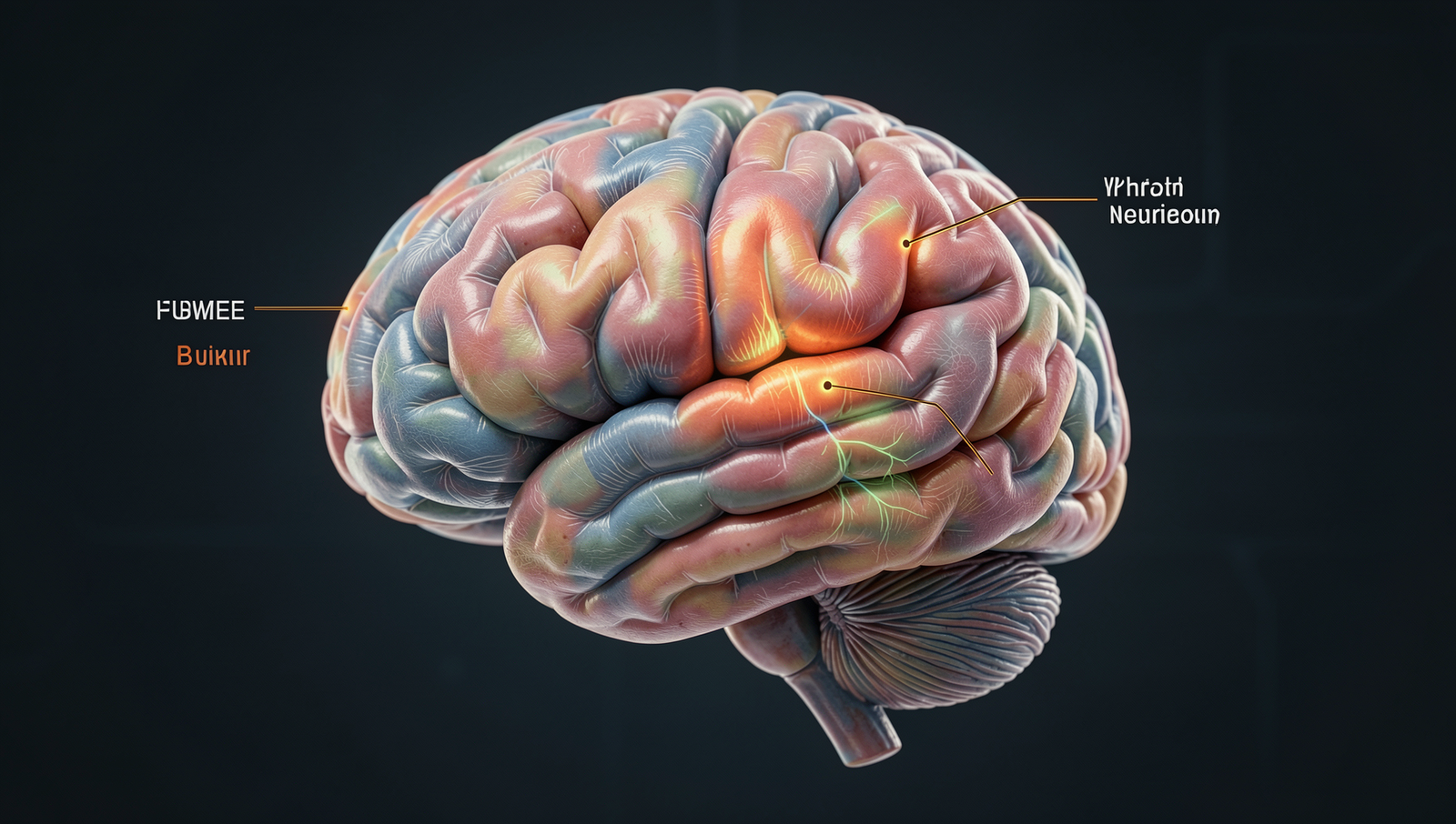 Detailed brain illustration highlighting areas for attention and perception.