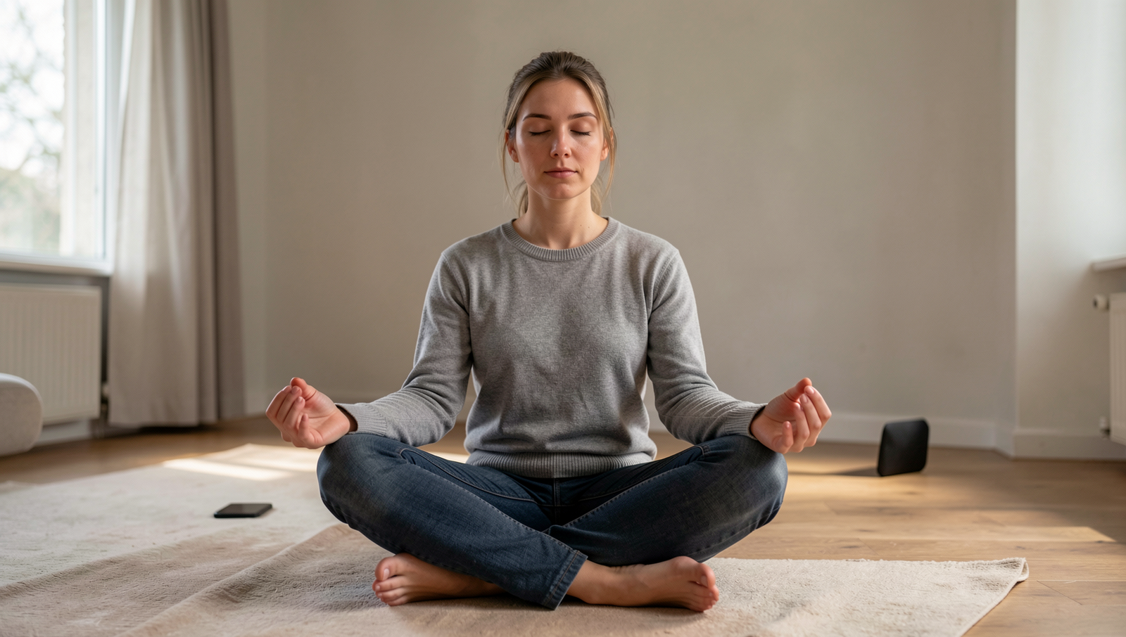 Person meditating with a smartphone in the background, symbolizing mindfulness.
