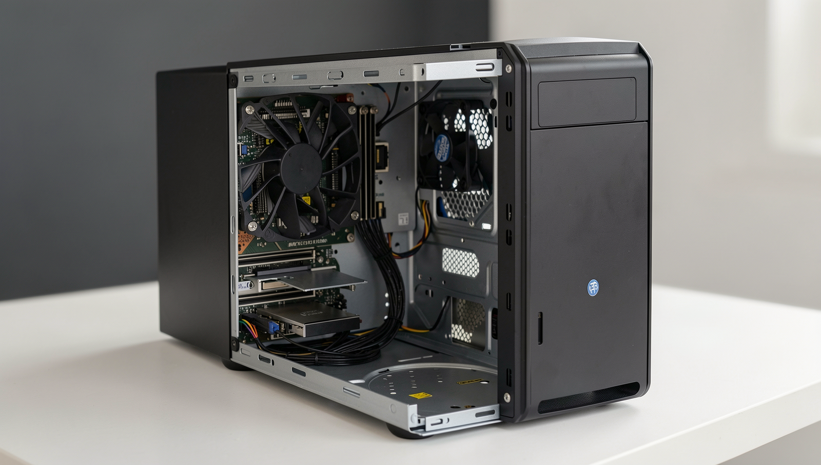 Detailed graphic of hardware checks in a restarting PC with natural lighting.