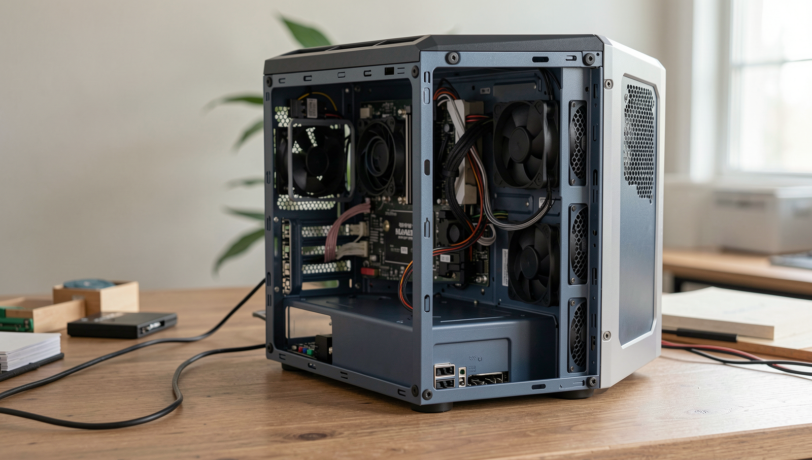 Detailed user environment setup for a PC restart, showcasing components and layout.