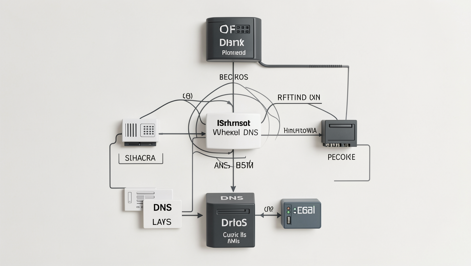 Detailed illustration of DNS hierarchy and components in a technical diagram style.
