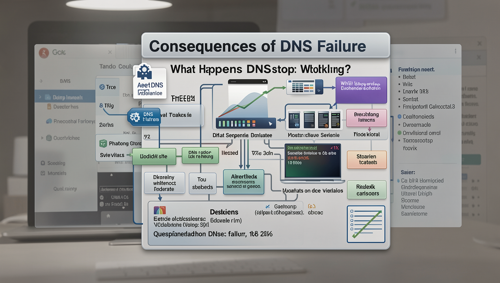 Diagram illustrating the impact of DNS failure on internet services and connectivity.