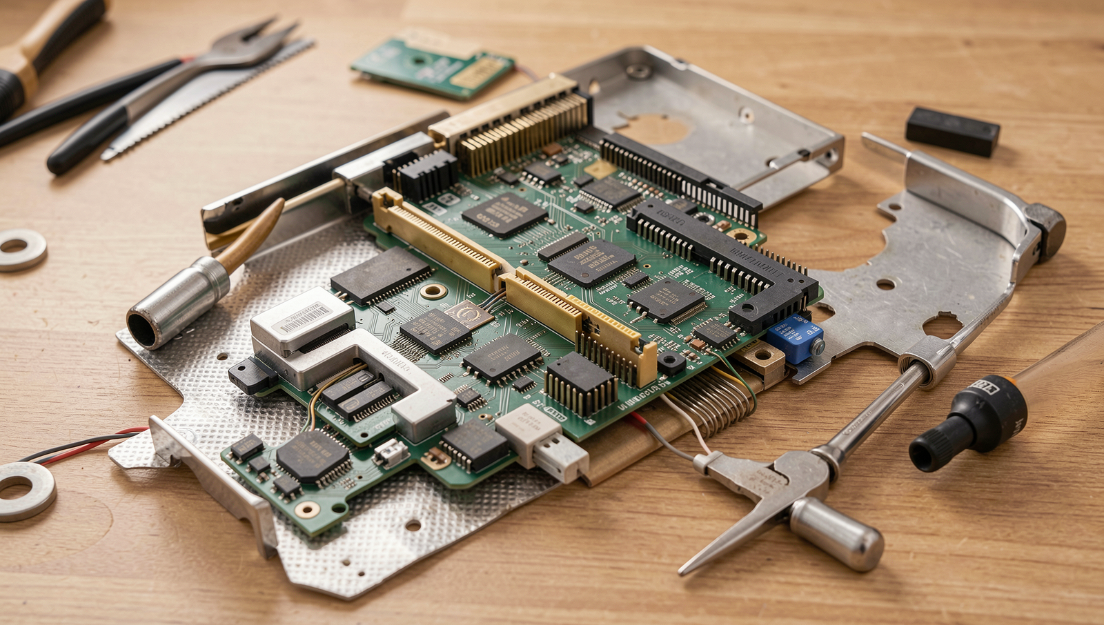 Detailed diagram illustrating the RAM upgrade process with tools and components.