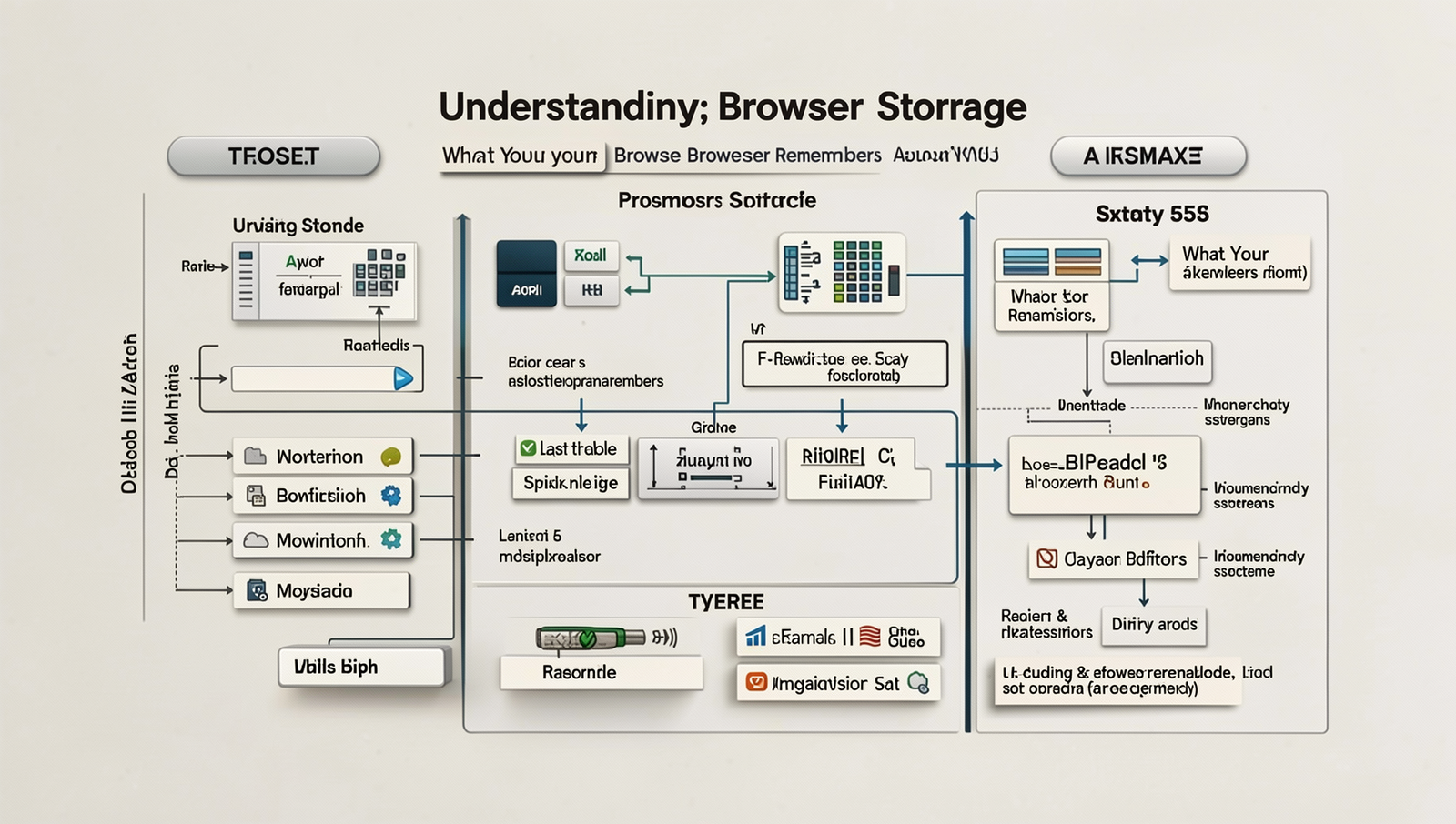 Illustration of various browser storage types like cookies, local storage, and session storage.