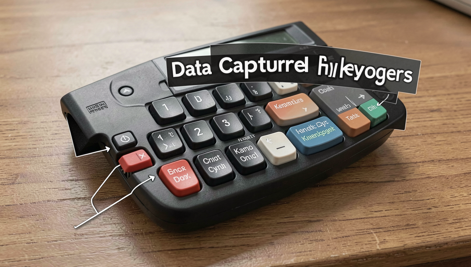 Detailed graphic illustrating data types captured by keyloggers in a realistic style.