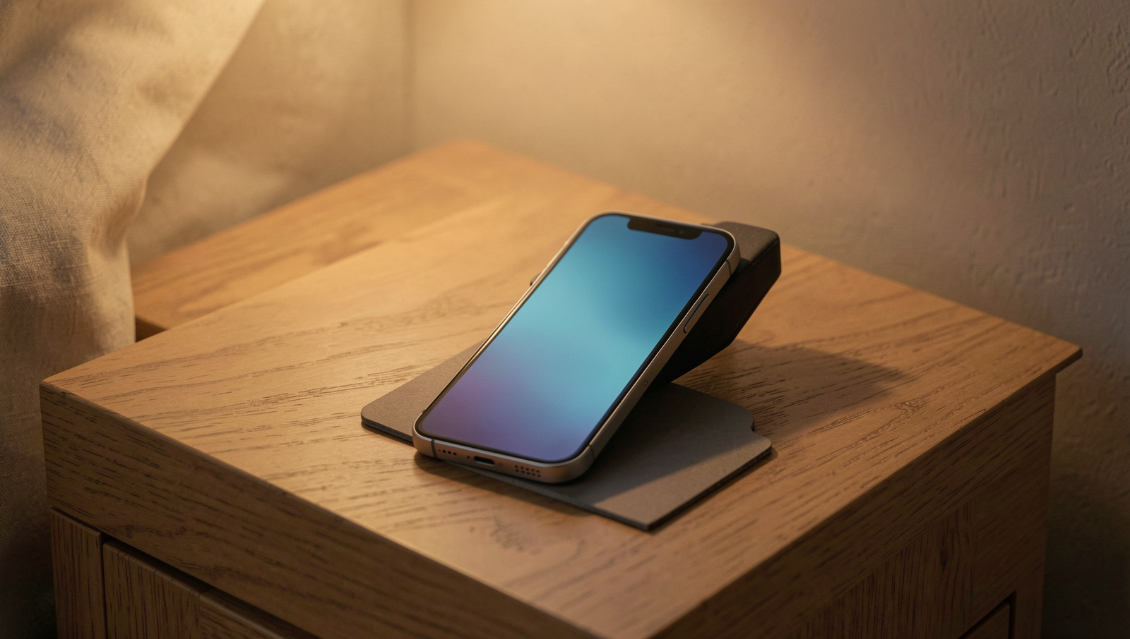 Smartphone on a nightstand emitting a soft glow in a dark room