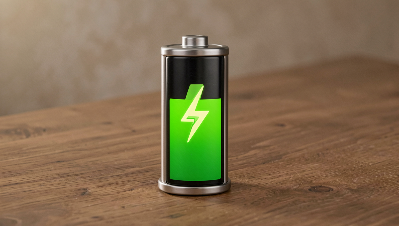 Photorealistic battery icon displaying charging status in natural lighting.