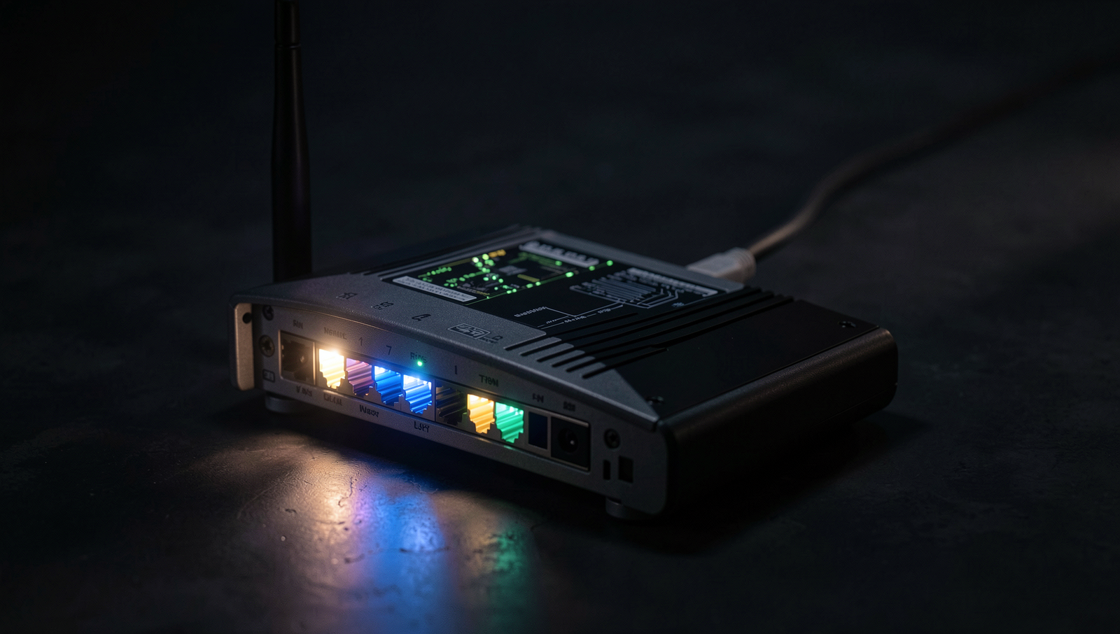 A router with glowing lights at night, illustrating network activity.