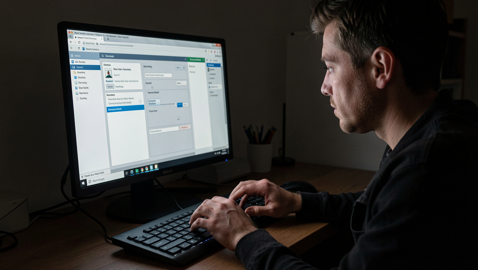 Person adjusting router settings on a computer at night with natural lighting.